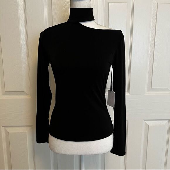 1. STATE Long Sleeve Asymmetric Cut Out Mock Neck Knit Top Black XS - Picture 2 of 8